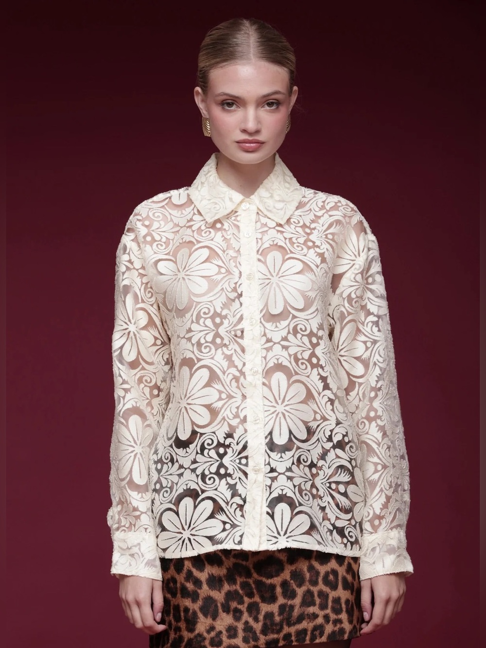 Avec Les Filles Cream Floral Lace Button-Up Blouse